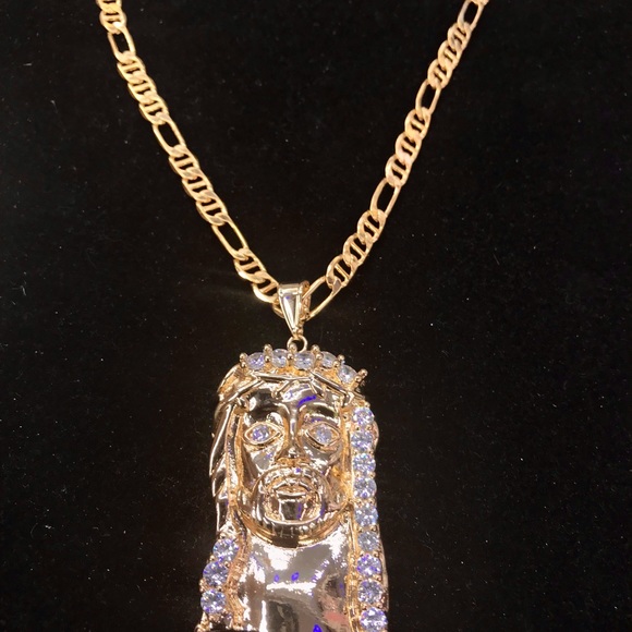 14K Gold Bonded Jesus Piece & Mariner Gucci Chain - Picture 3 of 8